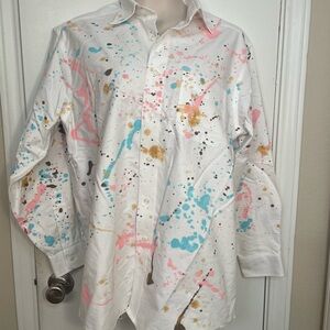 Pink, Blue & Gold Paint Splattered Spring Shacket